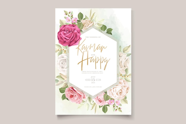 Bezpłatny wektor elegancki, ręcznie rysowane kwiatowy i pozostawia zestaw kart z zaproszeniami na ślub