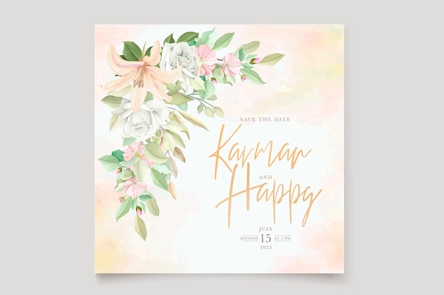 Bezpłatny wektor elegancki, ręcznie rysowane kwiatowy i pozostawia zestaw kart z zaproszeniami na ślub