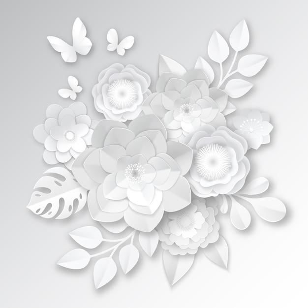 Bezpłatny wektor eleganckie białe kwiaty cięte papierem
