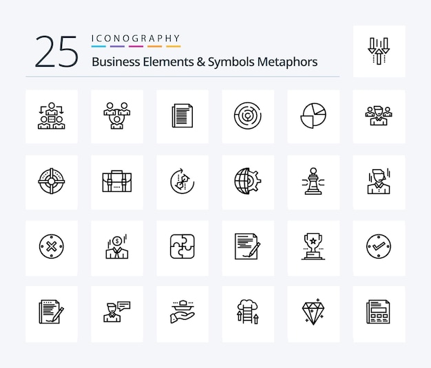 Elementy biznesowe i symbole metafory 25 pakietów ikon linii, w tym punkt wykresu kołowego zespołu