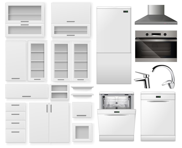 Bezpłatny wektor elementy mebli kuchennych ustawione z realistycznymi białymi szafkami, półkami, lodówką, zmywarką, kuchenką, okapem wyciągowym, na białym tle ilustracji wektorowych