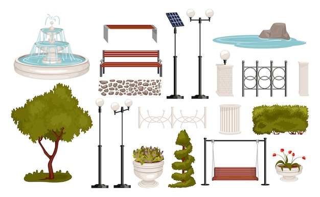 Bezpłatny wektor elementy parku ustawione z izolowanymi ikonami elementów architektonicznych parku miejskiego z segmentami ogrodzenia ławki ilustracji wektorowych drzew