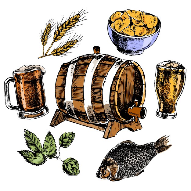 Elementy piwa z dębu beczkowego chmiel jęczmienia słodu ziarna i przekąski kolorowe piktogramy na białym tle ilustracji wektorowych
