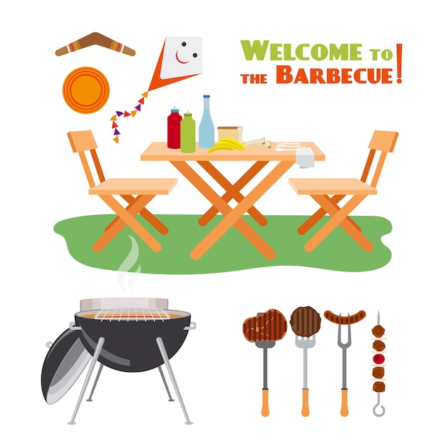 Bezpłatny wektor elementy plakatu grill bbq. mięso i grill, kiełbasa i gotowanie. ilustracji wektorowych