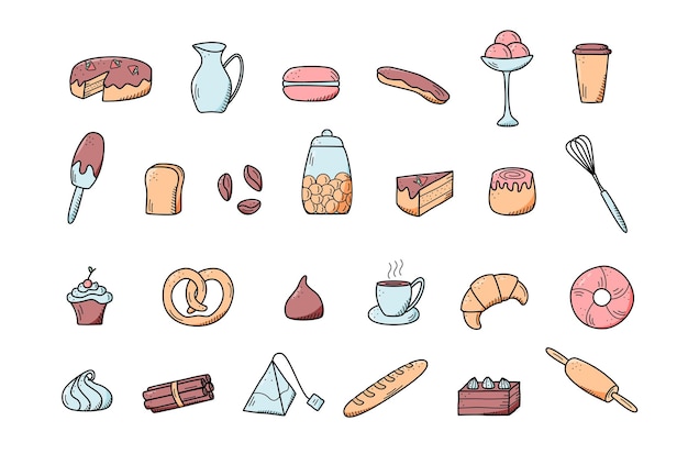 Elementy wektorowe słodkich przekąsek i ciastek, dań do kawy. doskonały do dekoracji kawiarni i menu. doodle styl ikony.