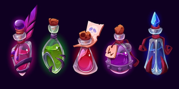 Bezpłatny wektor eliksiry czarownic magiczne mikstury w szklanych butelkach