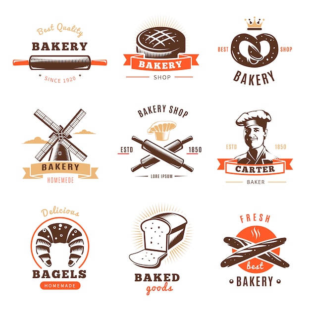 Bezpłatny wektor emblemat piekarni zestawiony z opisami najlepszych wypieków na przykład