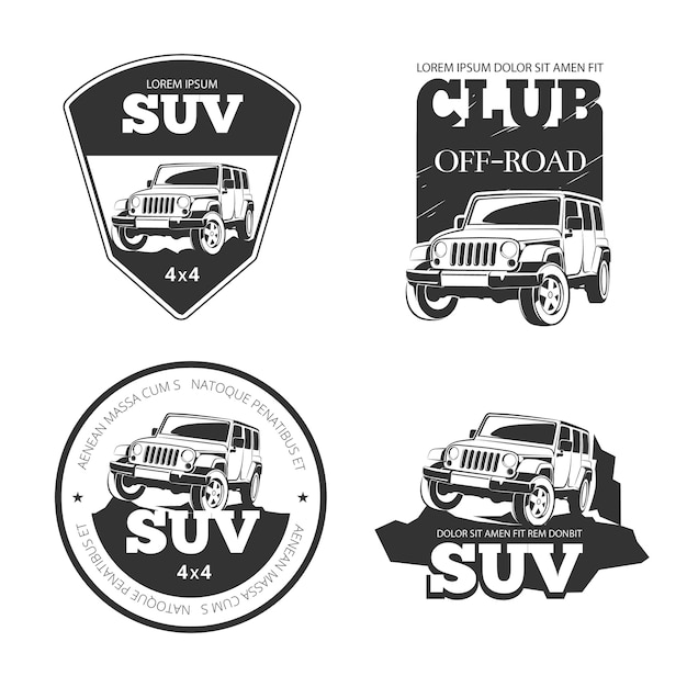 Bezpłatny wektor emblematy, etykiety i logo samochodów suv. ekstremalna wyprawa terenowa, ilustracja pojazdu 4x4