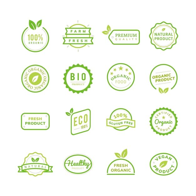 Bezpłatny wektor emblematy produktów ekologicznych zestaw ilustracji