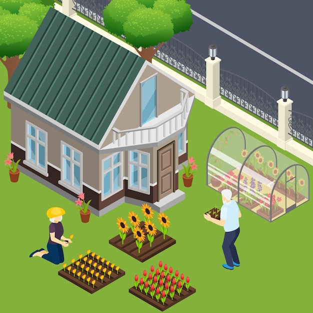 Bezpłatny wektor emeryci w pobliżu własnego domu podczas pracy w ogrodzie izometrycznym