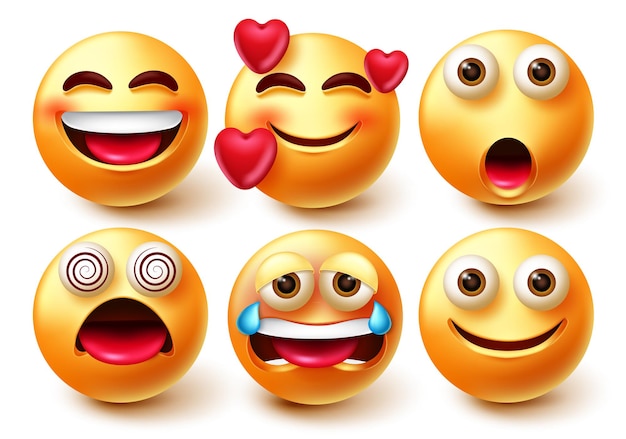 Emoji wektor zestaw znaków 3d emotikony, jak zakochany, szczęśliwy płacz i zawroty głowy na twarzy