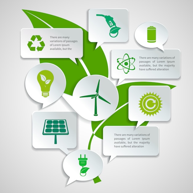 Bezpłatny wektor energii i ekologii papieru mowy bąbelki biznesu infographics projekta elementy z zielonego liścia pojęcia wektoru ilustracją
