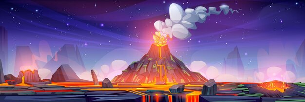 Erupcja wulkaniczna w nocy skalisty krajobraz rysunkowy ilustracja gorącej lawy i chmury pary płynącej z górskiego krateru pęknięta pustynia prehistoryczna naturalna tło obca planeta