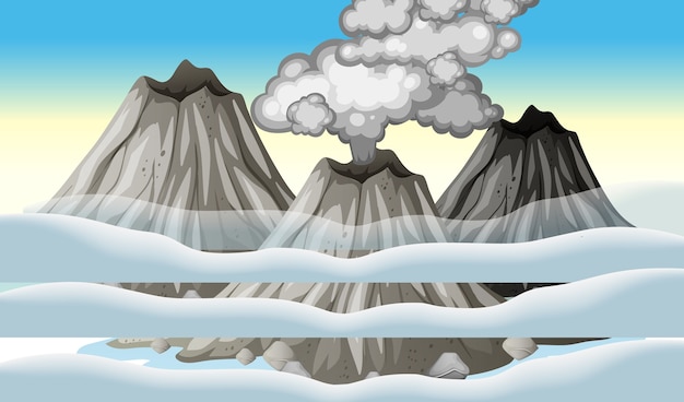 Bezpłatny wektor erupcja wulkanu na niebie z chmurami sceny w ciągu dnia