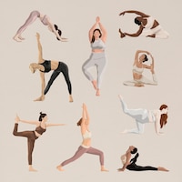 Estetyczna joga pozuje wektor z zestawem ilustracji dotyczących zdrowia i ciała