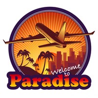 Bezpłatny wektor etykieta podróż raj z samolotem na tle zachodu słońca