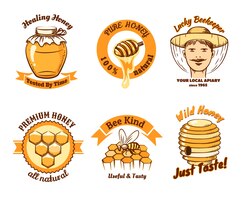 Etykiety miodu i logo pszczelarstwa. jedzenie słodkie, owady i komórki, plaster miodu i wosk pszczeli, grzebień i wosk.