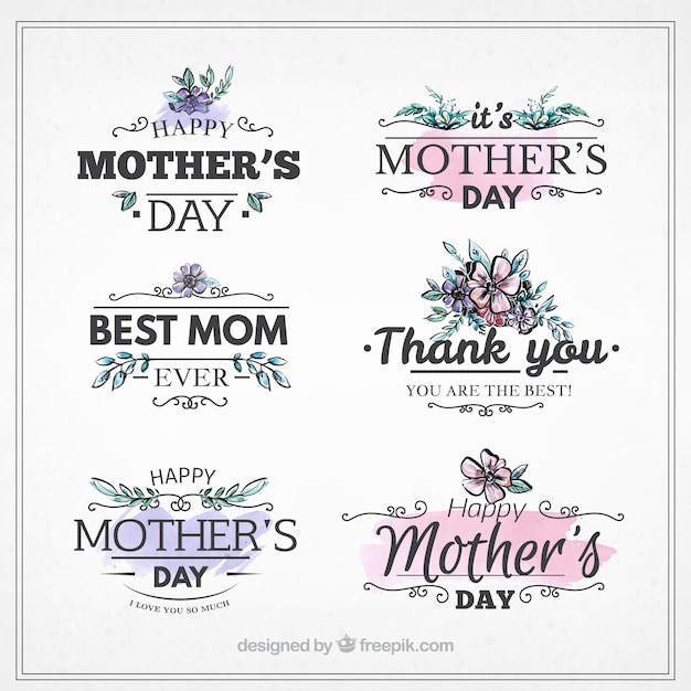 Bezpłatny wektor etykiety na dzień matki z różowymi i fioletowymi szczegółami