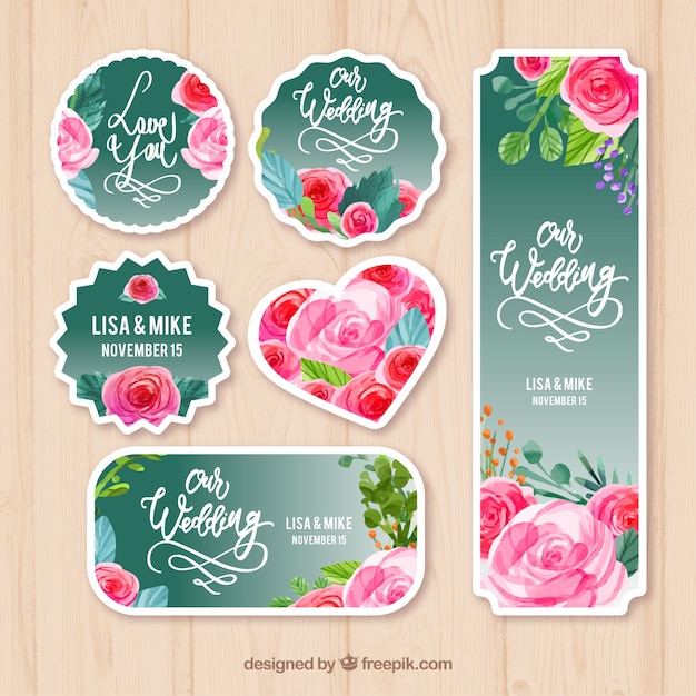 Etykiety ślubne Z Różami Akwarelowymi