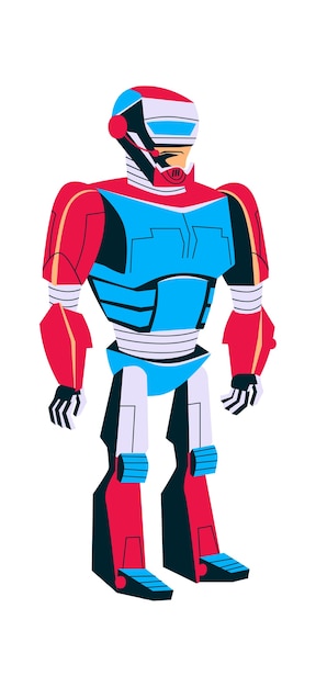Bezpłatny wektor ewolucja robota, człowiek w metalowym egzoszkielecie, sztuczna inteligencja postęp technologiczny kreskówka wektor w kolorze niebieskim rozwój robotów