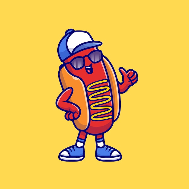 Fajny Hotdog W Okularach I Ikona Ilustracja Kreskówka Kapelusz. Ikona Moda Jedzenie Na Białym Tle. Płaski Styl Kreskówki