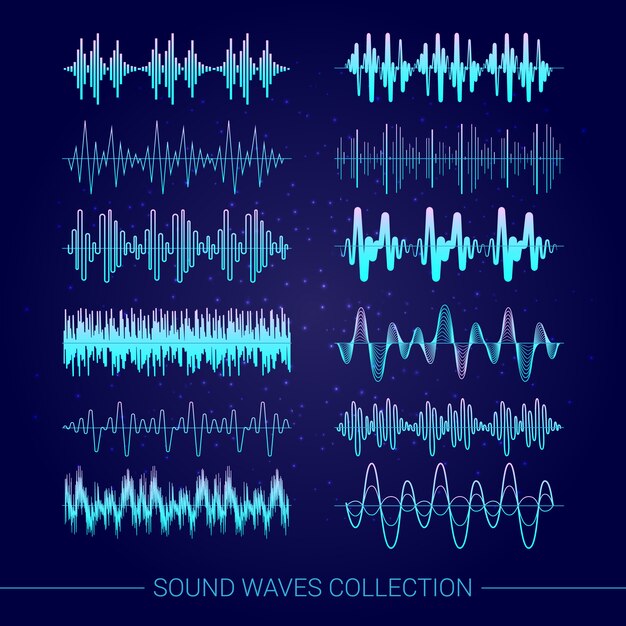 Fale dźwiękowe kolekcja z audio symbolami na błękitnym tle