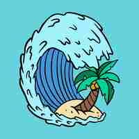 Bezpłatny wektor fale oceanu z wektorem naklejki drzewa kokosowego