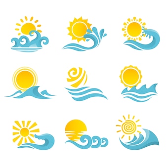 Fale płynące wody oceanu oceanu ikony ustaw z słońca odizolowane ilustracji wektorowych