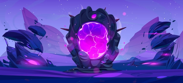 Bezpłatny wektor fantasy magic portal space game gate on planet landscape background purple mystic teleport door hole frame to futuristic world pink neon plasma entrance through boulder aura vfx concept scene