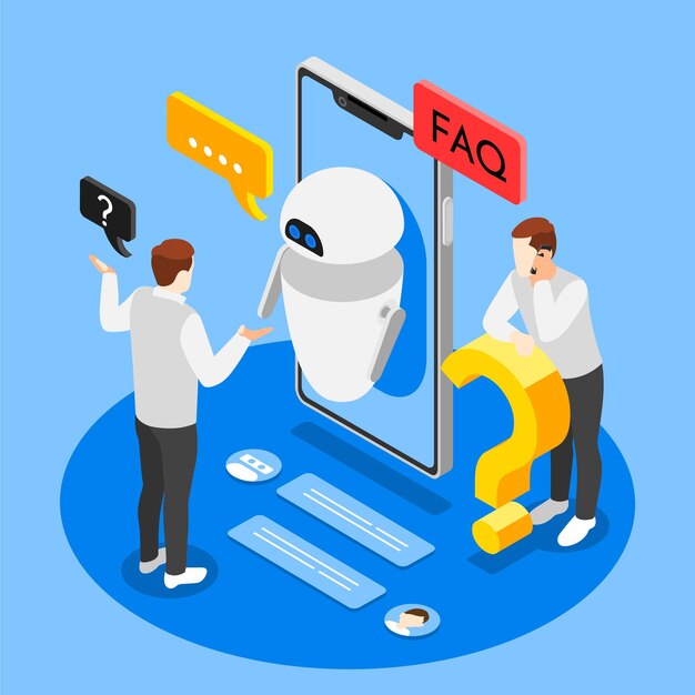 FAQ izometryczne tło z osobami otrzymującymi konsultacje asystenta robota za pomocą ilustracji wektorowych smartfona