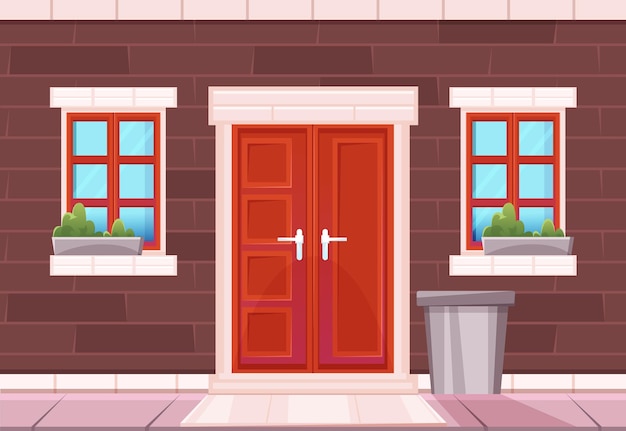 Fasada domu z ceglanymi ścianami czerwonymi drzwiami oknami i koszem na śmieci Ilustracja kreskówka wektor wejście do domu z zamkniętymi drzwiami i kwiatami w doniczkach