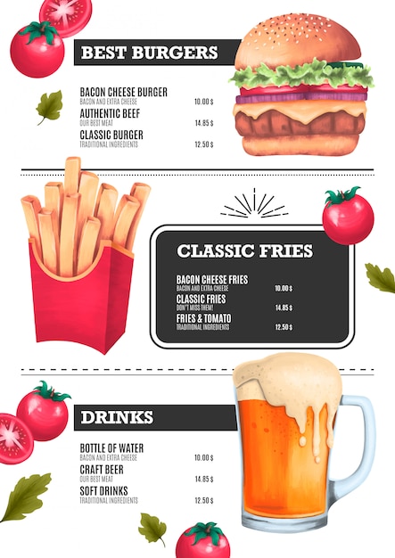 Fast Food Menu Template Z Ilustracjami Hamburgera, Frytek I Piwa