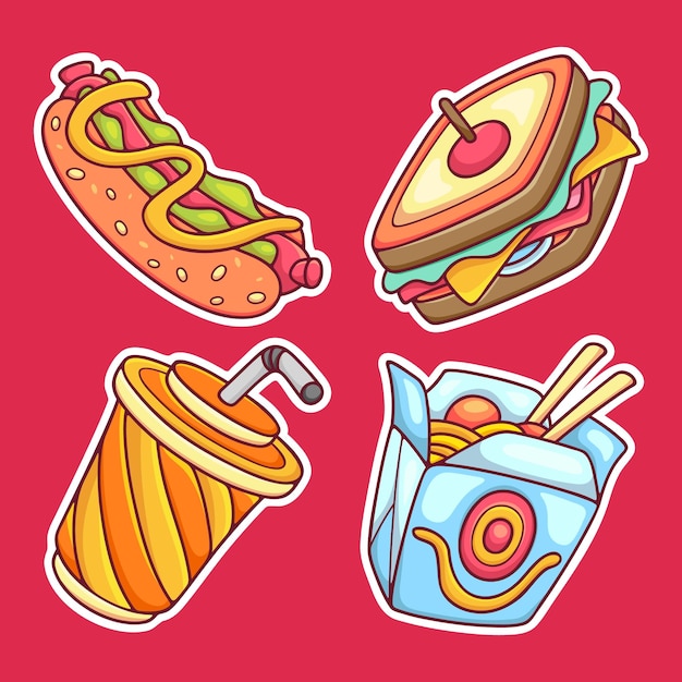 Bezpłatny wektor fast food naklejki ikony ręcznie rysowane kolorowanki wektor