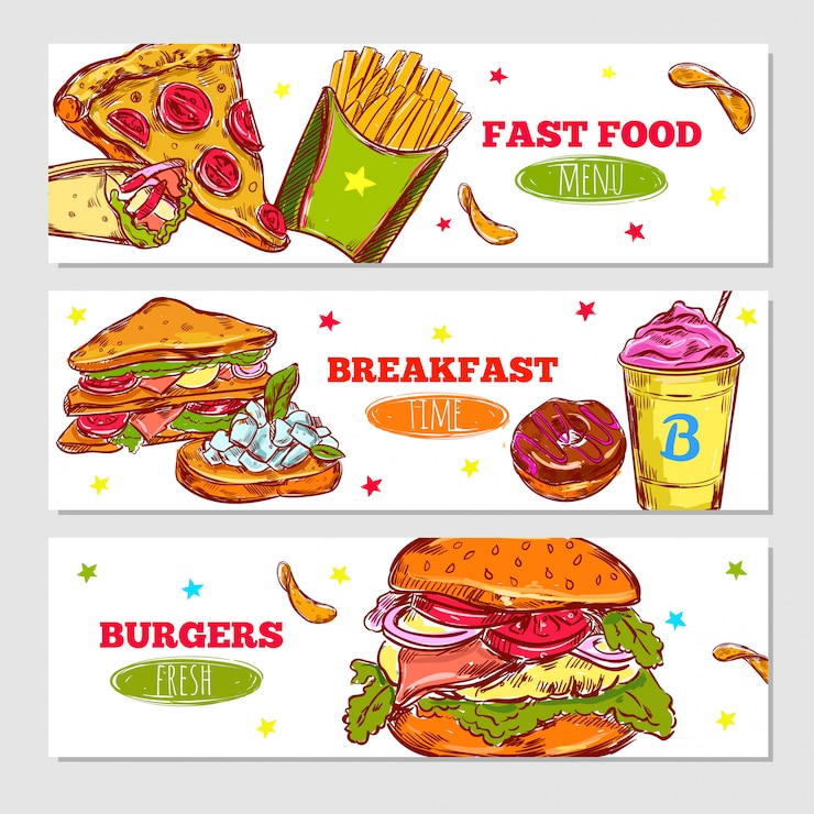 Bezpłatny plik Wektor fast food szkic poziome banery