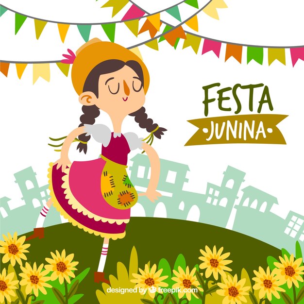 Festa junina tło z kobietą i kwiatami