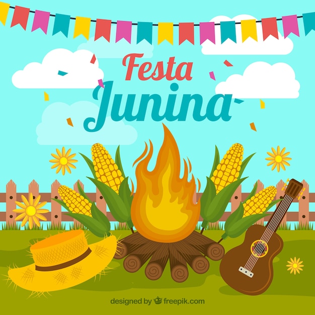 Bezpłatny wektor festa junina tło z ogniskiem i elementami