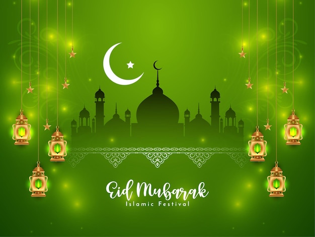 Festiwal Eid Mubarak błyszczący zielony błyszczący wektor tła meczetu
