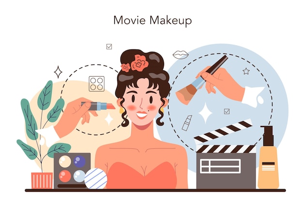 Film Make Up Artist Concept Profesjonalny Artysta Nakładający Kosmetyki Na Twarz Aktorki Visagiste Robi Makijaż Do Modelu Za Pomocą Pędzla Płaska Ilustracja Wektorowa