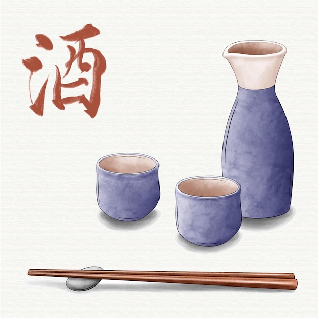 Bezpłatny wektor fioletowe akwarela japońskie sake i pałeczki