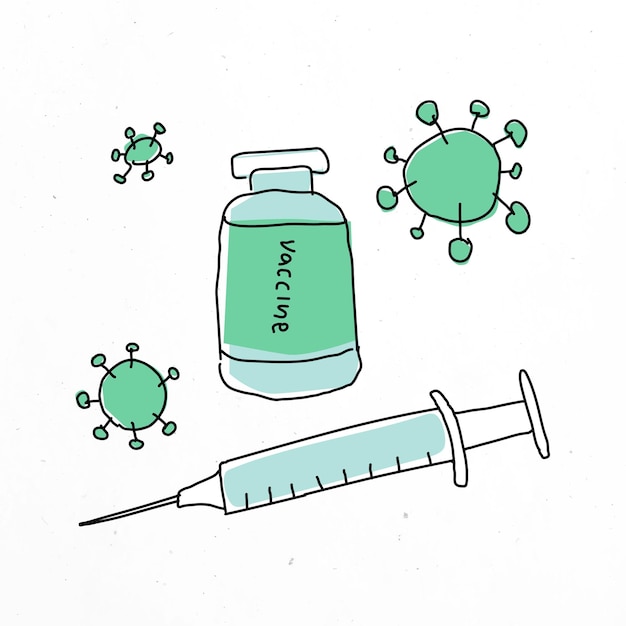 Bezpłatny wektor fiolka ilustracji wektora doodle szczepionki z igłą doodle do badania klinicznego