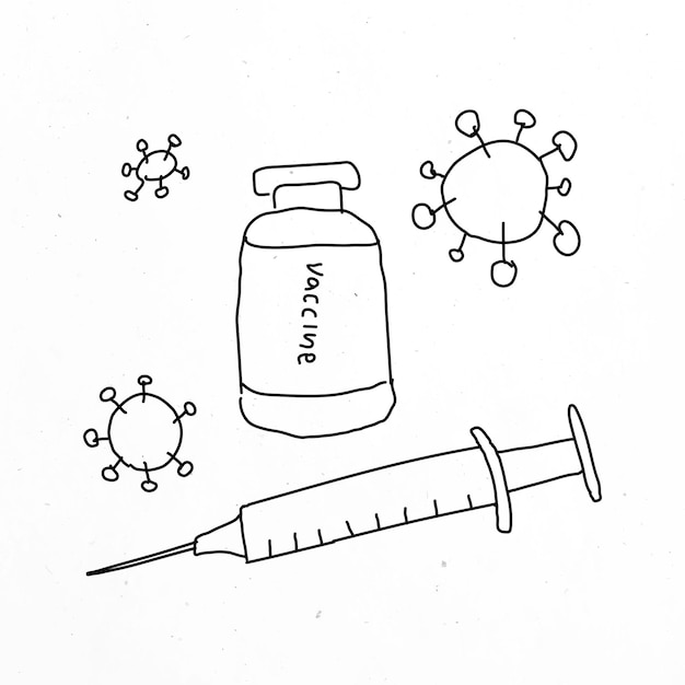 Bezpłatny wektor fiolka ilustracji wektora doodle szczepionki z igłą doodle do badania klinicznego