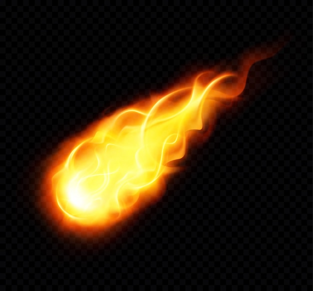 Bezpłatny wektor fireball realistyczny plakat z płonącym żółtym latającym astronomicznym przedmiotem na czarnym tle