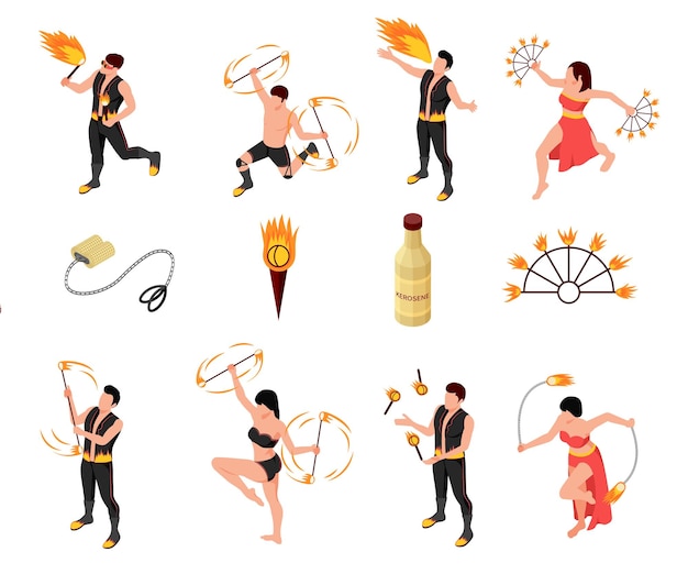 Bezpłatny wektor fireshow ludzie izometryczny zestaw z symbolami tańca ognia na białym tle ilustracji wektorowych