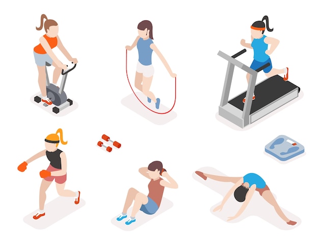 Fitness Kobiet W Siłowni, Gimnastyka I ćwiczenia Jogi. 3d Ikony Izometryczny. Sportowcy, Zdrowie I Skakanka,