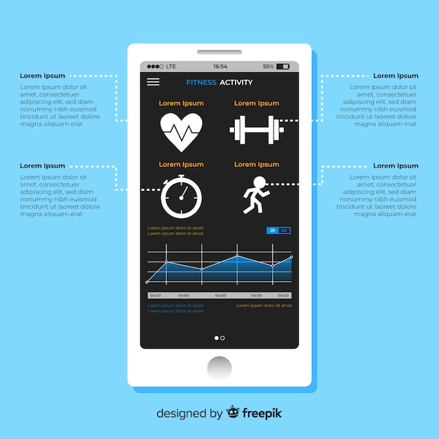 Bezpłatny wektor fitness mobilna aplikacja infographic szablon płaski