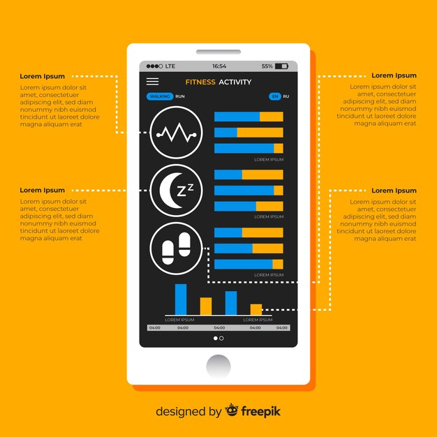 Fitness mobilna aplikacja infographic szablon płaski