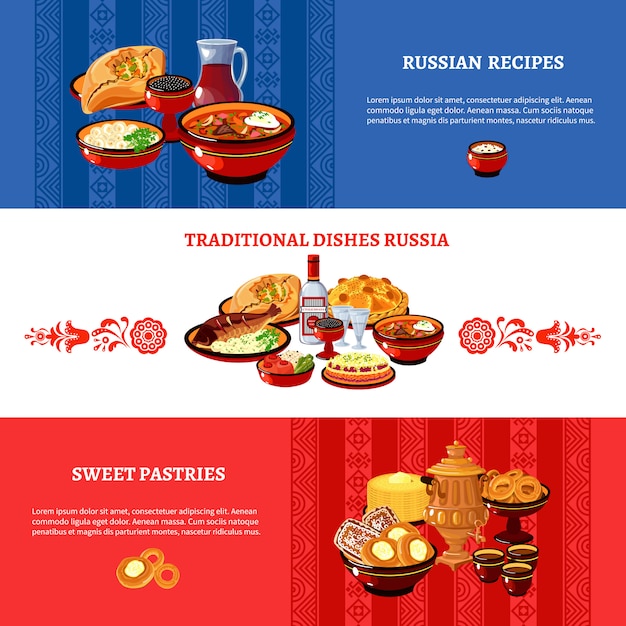 Bezpłatny wektor flaga rosyjskiej kuchni kolory banery zestaw