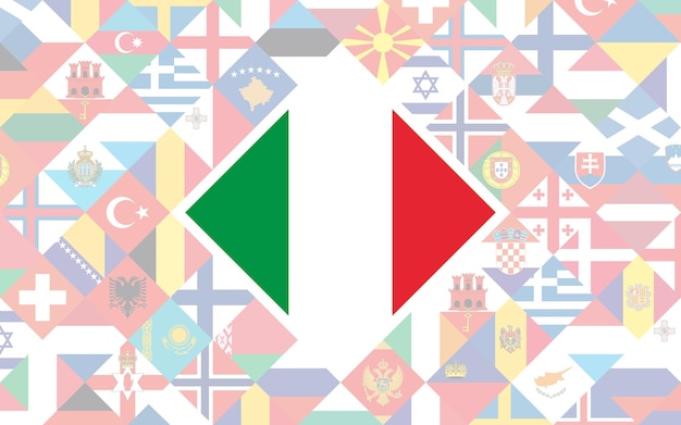 Flaga Tła Krajów Europejskich Z Dużą Flagą Włoch W Centrum Rozgrywek Piłkarskich. Premium Wektorów