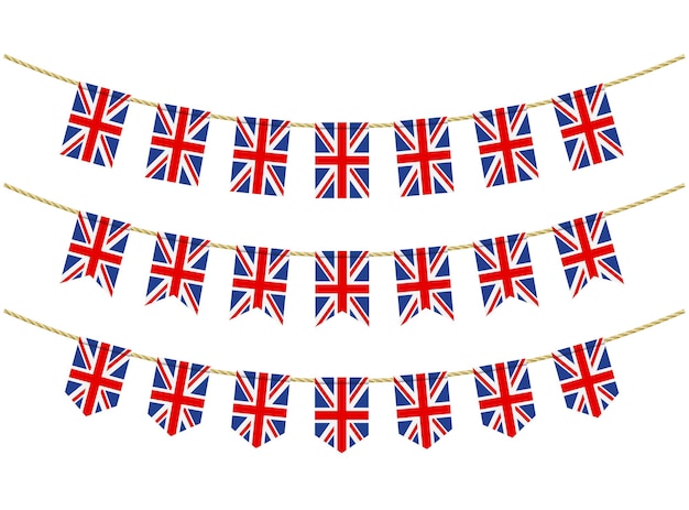 Flaga wielkiej brytanii na linach na białym tle. zestaw flag trznadel patriotycznych. trznadel ozdoba flagi wielkiej brytanii