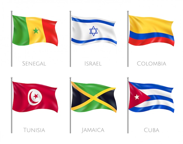 Flagi kraju zestaw z flagami Senegalu i Kuby realistyczne na białym tle